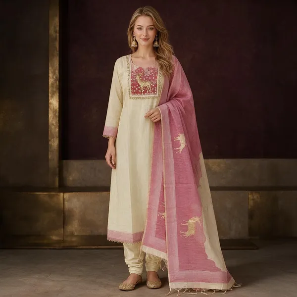 Cream_And_Pink_Jamdani_Jamdani_Suit_Set_For_Women