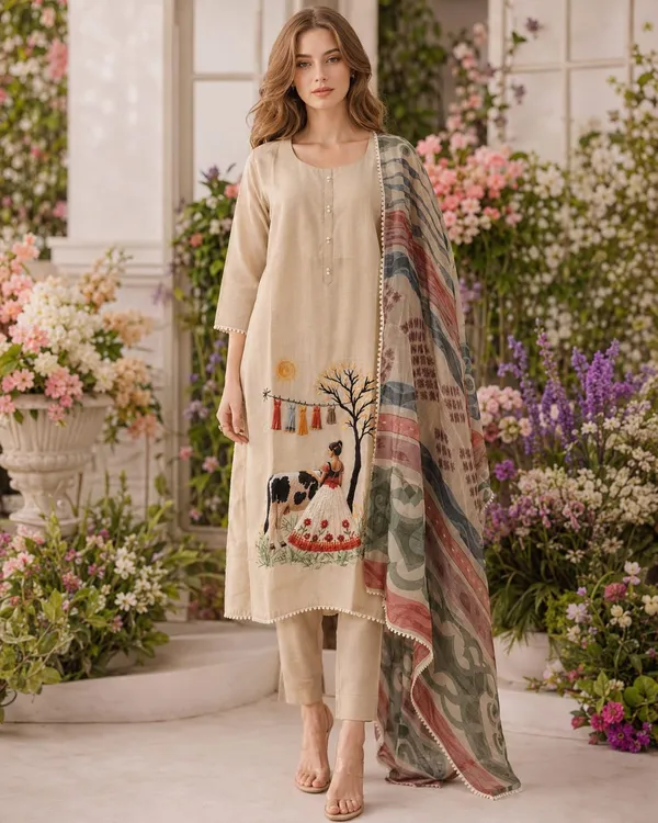 Cream_Jamdani_Jamdani_Suit_Set_For_Women