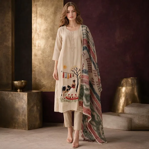 Cream_Jamdani_Jamdani_Suit_Set_For_Women