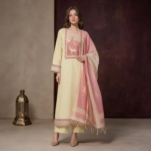 Cream_And_Pink_Jamdani_Jamdani_Suit_Set_For_Women