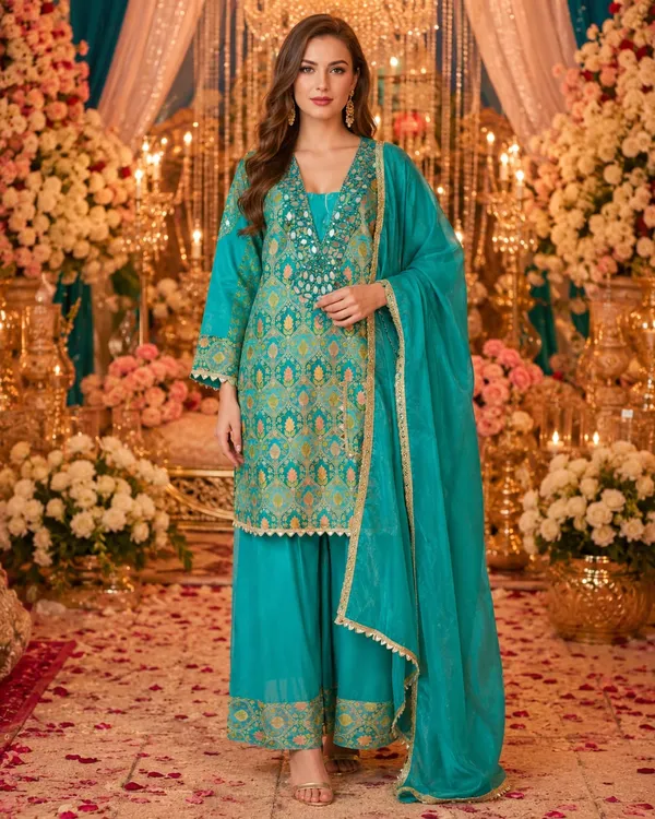 Teal_Green_Jacquard_Jacquard_Suit_Set_For_Women