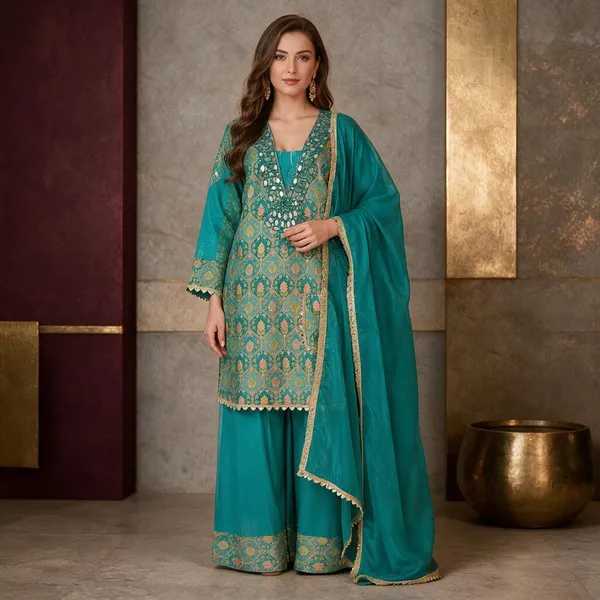 Teal_Green_Jacquard_Jacquard_Suit_Set_For_Women