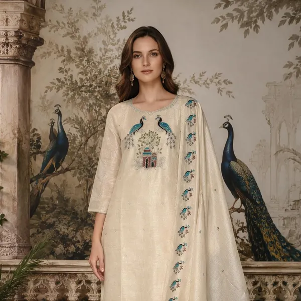 Cream_Jamdani_Jamdani_Suit_Set_For_Women