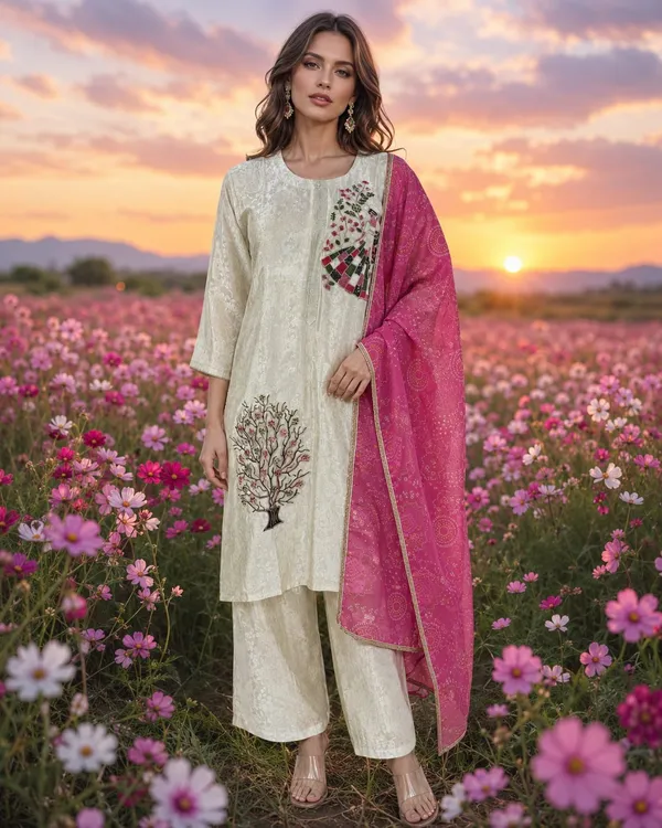 Cream_And_Pink_Jacquard_Jacquard_Suit_Set_For_Women