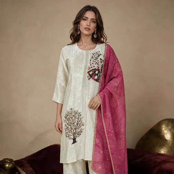 Cream_And_Pink_Jacquard_Jacquard_Suit_Set_For_Women