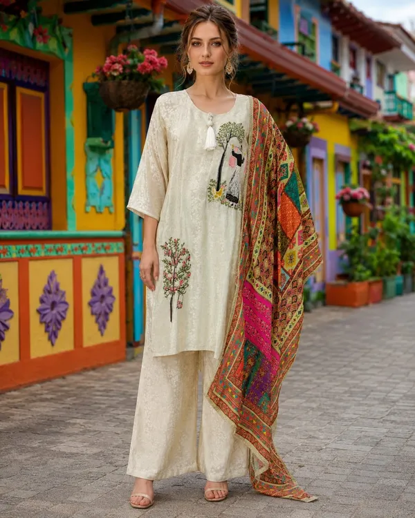 Multicolor_Jacquard_Jacquard_Suit_Set_For_Women