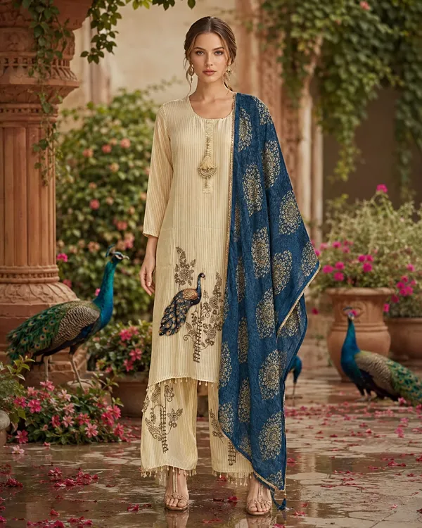 Cream_And_Blue_Shimmer_Shimmer_Suit_Set_For_Women