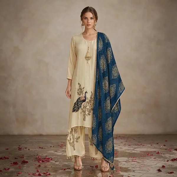 Cream_And_Blue_Shimmer_Shimmer_Suit_Set_For_Women