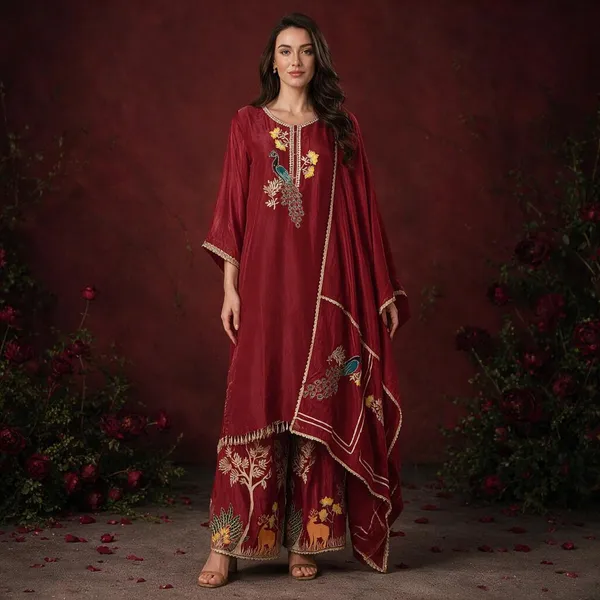 Red_Crepe_Crepe_Suit_Set_For_Women