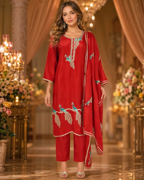Red_Crepe_Crepe_Suit_Set_For_Women