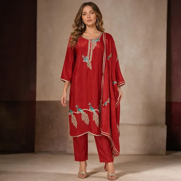 Red_Crepe_Crepe_Suit_Set_For_Women