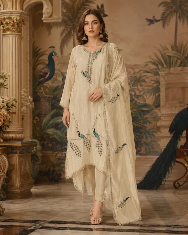 Cream_Crepe_Crepe_Suit_Set_For_Women