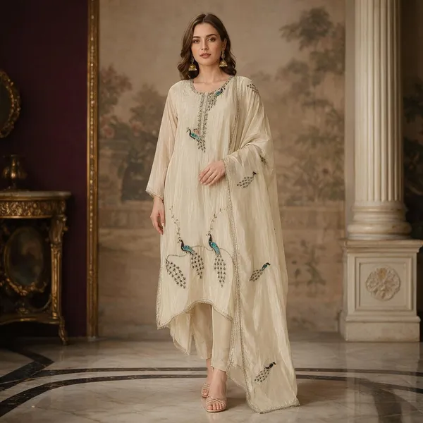 Cream_Crepe_Crepe_Suit_Set_For_Women