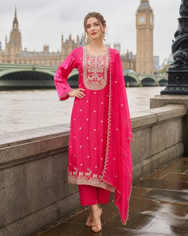 Hot_Pink_Crepe_Crepe_Suit_Set_For_Women