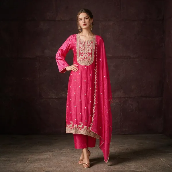Hot_Pink_Crepe_Crepe_Suit_Set_For_Women
