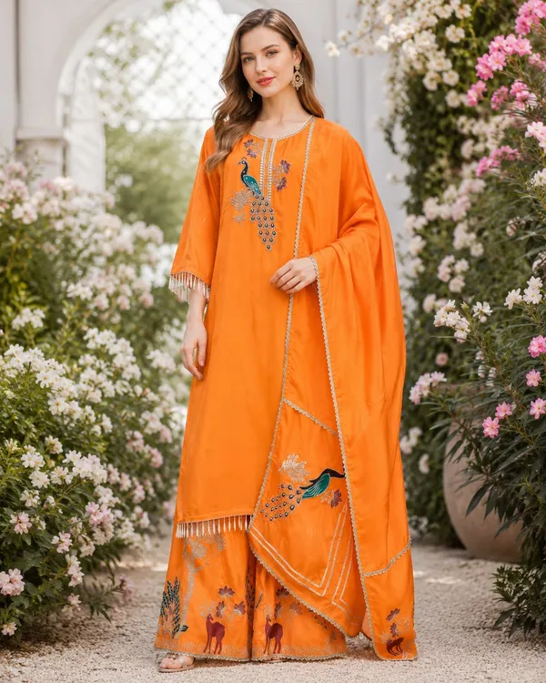 Orange_Crepe_Crepe_Suit_Set_For_Women