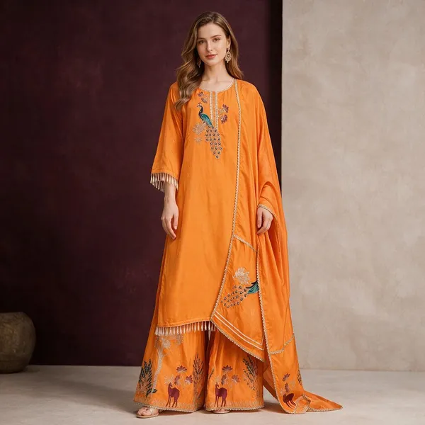 Orange_Crepe_Crepe_Suit_Set_For_Women