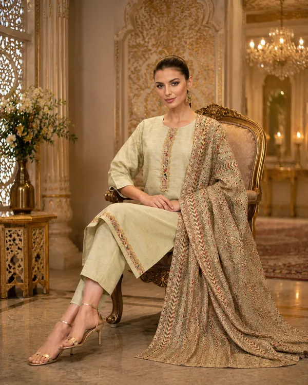 Beige_Jamdani_Jamdani_Suit_Set_For_Women