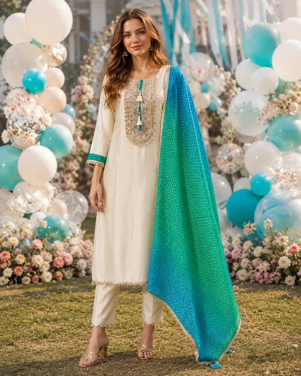 White_And_Turquoise_Shimmer_Shimmer_Suit_Set_For_Women