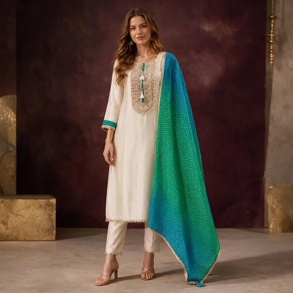 White_And_Turquoise_Shimmer_Shimmer_Suit_Set_For_Women