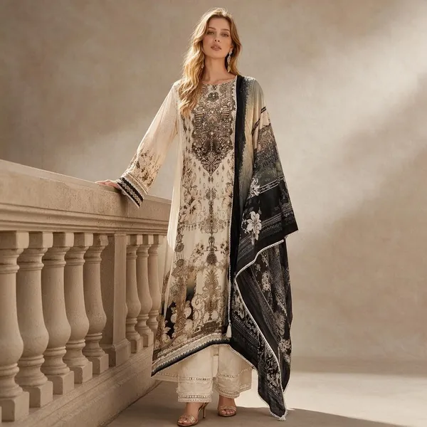 Beige_And_Black_Crepe_Crepe_Suit_Set_For_Women