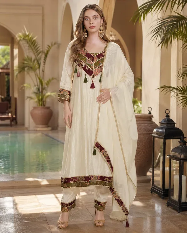 Cream_Crepe_Crepe_Suit_Set_For_Women