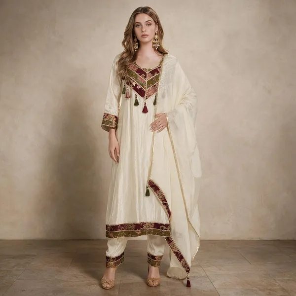 Cream_Crepe_Crepe_Suit_Set_For_Women
