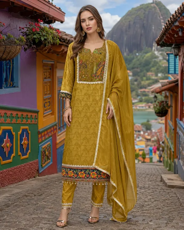 Mustard_Yellow_Jacquard_Jacquard_Suit_Set_For_Women