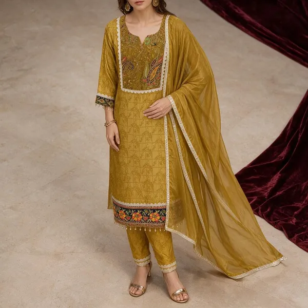 Mustard_Yellow_Jacquard_Jacquard_Suit_Set_For_Women