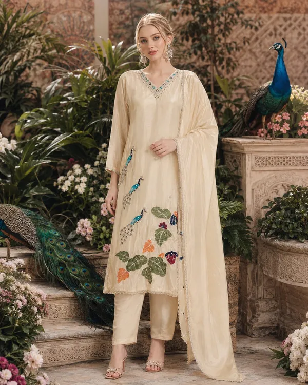 Cream_Crepe_Crepe_Suit_Set_For_Women