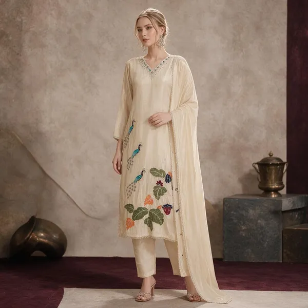 Cream_Crepe_Crepe_Suit_Set_For_Women