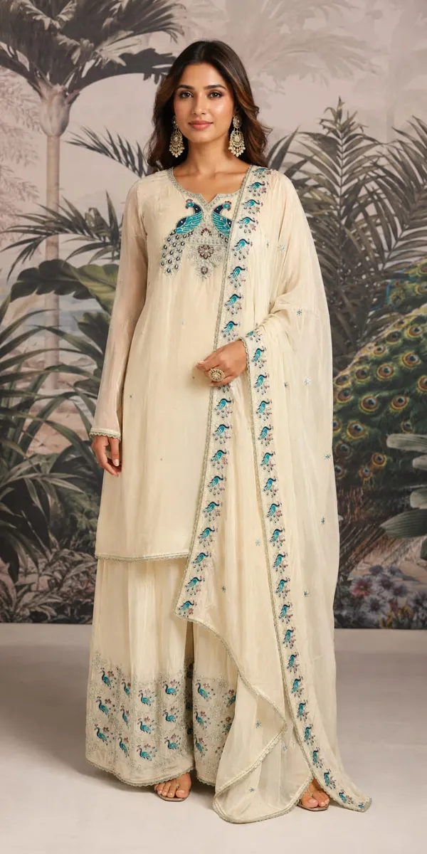 Cream_And_Turquoise_Crepe_Crepe_Suit_Set_For_Women