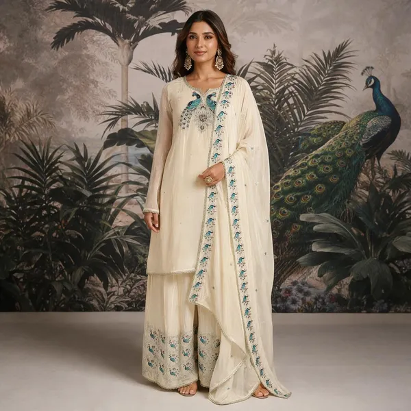 Cream_And_Turquoise_Crepe_Crepe_Suit_Set_For_Women