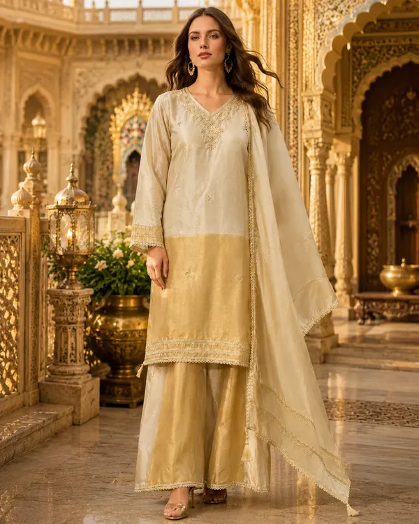 Cream_And_Gold_Shimmer_Shimmer_Suit_Set_For_Women