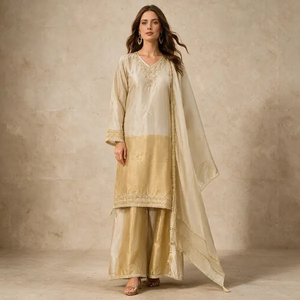 Cream_And_Gold_Shimmer_Shimmer_Suit_Set_For_Women