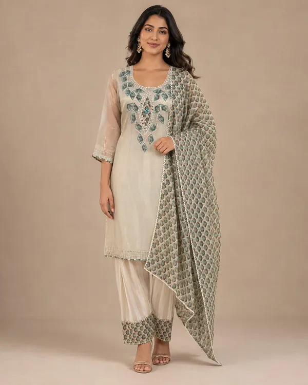 Off_White_And_Grey_Shimmer_Shimmer_Suit_Set_For_Women