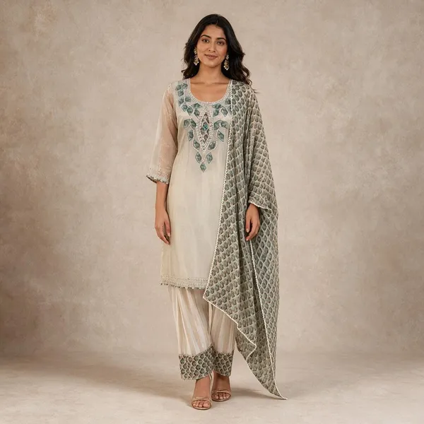 Off_White_And_Grey_Shimmer_Shimmer_Suit_Set_For_Women