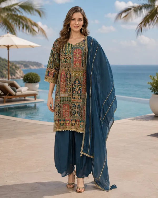 Olive_Green_And_Blue_Crepe_Crepe_Suit_Set_For_Women