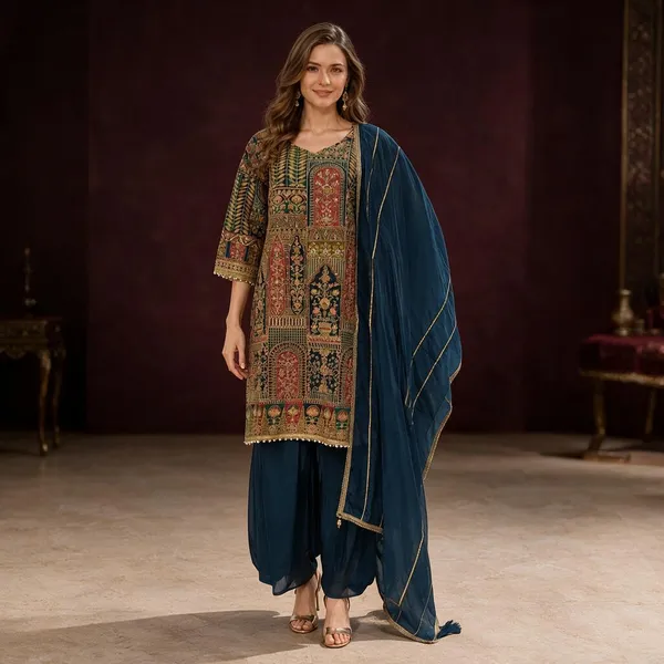 Olive_Green_And_Blue_Crepe_Crepe_Suit_Set_For_Women