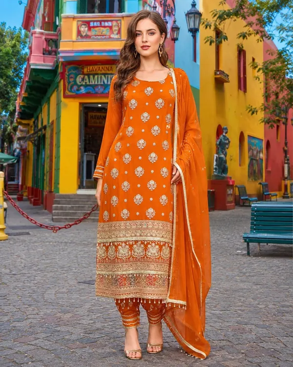 Orange_Viscose_Georgette_Viscose_Suit_Set_For_Women