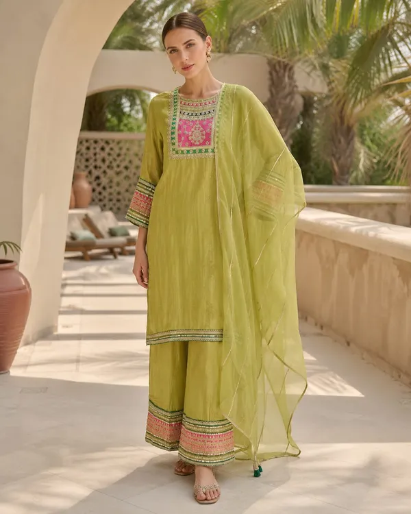Lime_Green_Jacquard_Jacquard_Suit_Set_For_Women
