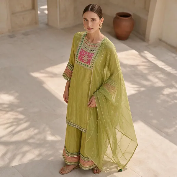Lime_Green_Jacquard_Jacquard_Suit_Set_For_Women
