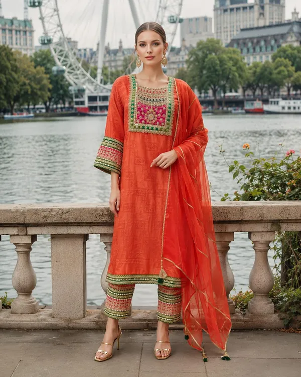 Coral_Red_Jacquard_Jacquard_Suit_Set_For_Women