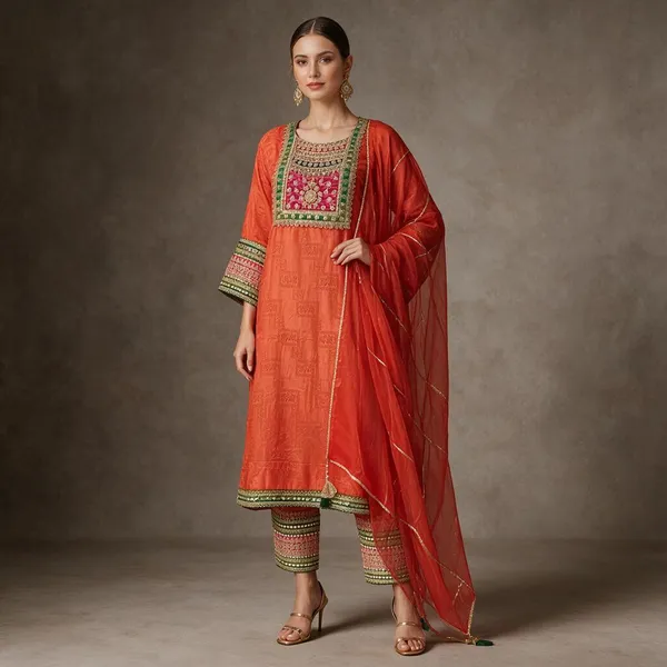 Coral_Red_Jacquard_Jacquard_Suit_Set_For_Women