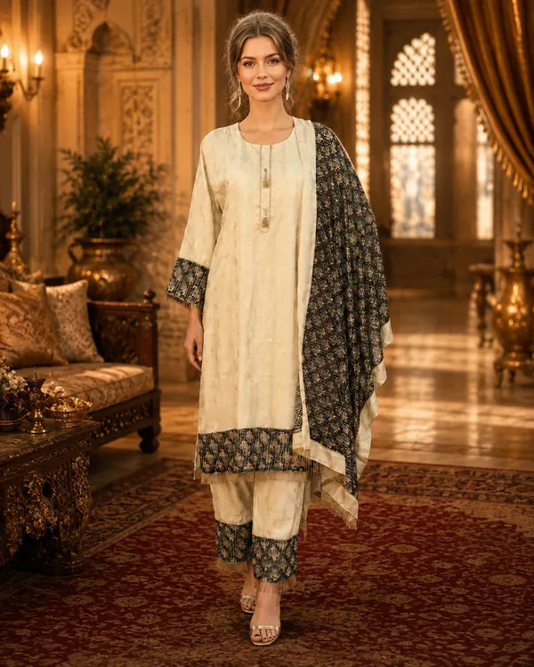 Cream_And_Black_Shimmer_Jacquard_Shimmer_Jacquard_Suit_Set_For_Women