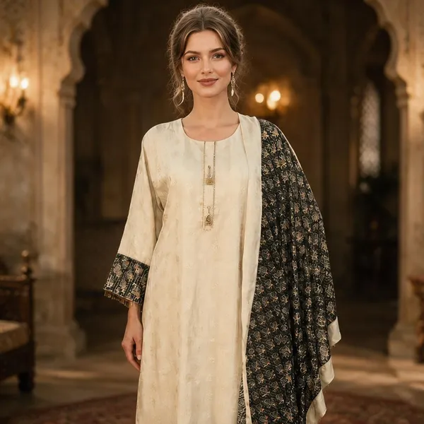 Cream_And_Black_Shimmer_Jacquard_Shimmer_Jacquard_Suit_Set_For_Women