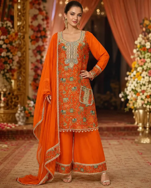 Orange_Crepe_Crepe_Suit_Set_For_Women