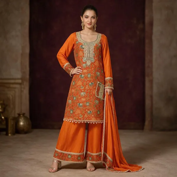 Orange_Crepe_Crepe_Suit_Set_For_Women