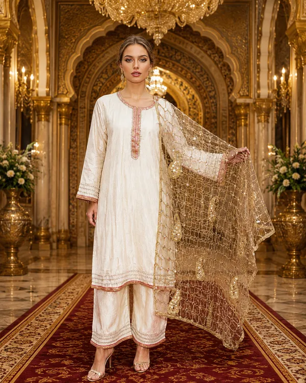 White_And_Beige_Jacquard_Jacquard_Suit_Set_For_Women