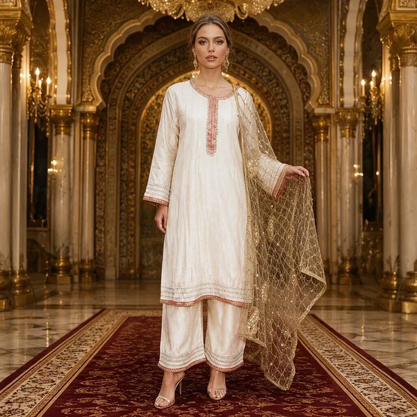 White_And_Beige_Jacquard_Jacquard_Suit_Set_For_Women
